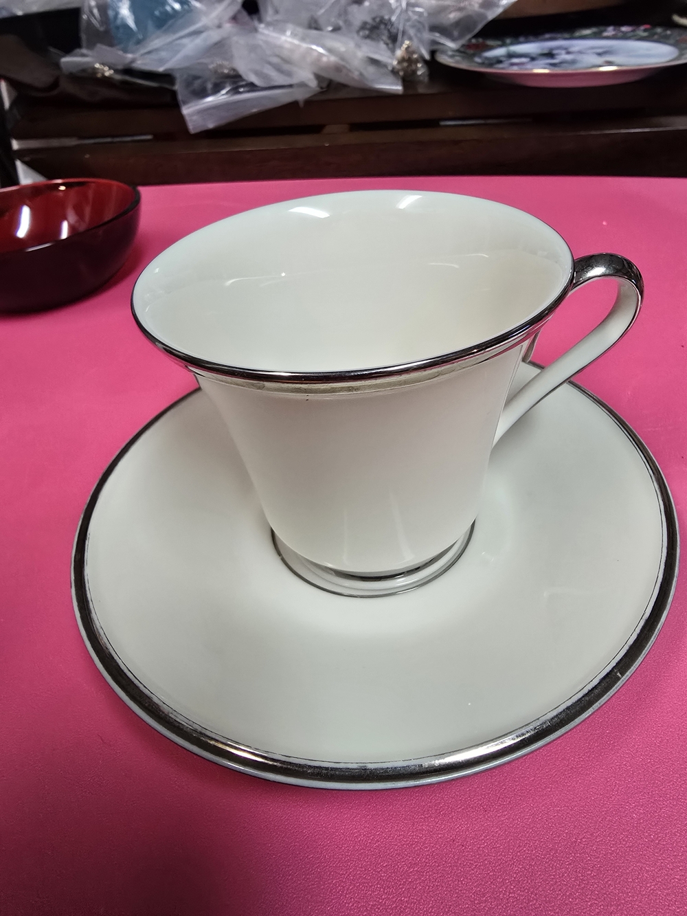 Lenox Elegant Ivory Bone & Silver China Teacup and Saucer with Silver Trim